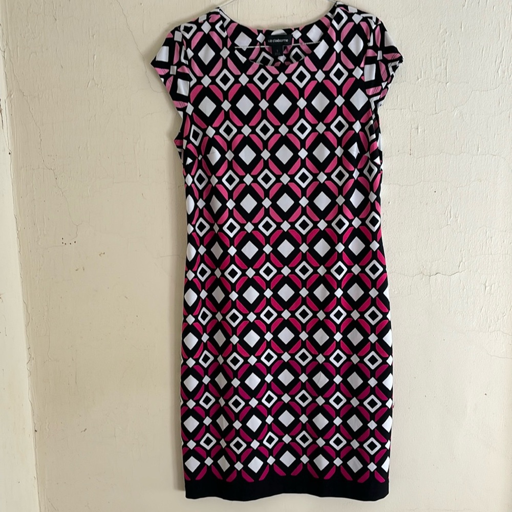 Liz Claiborne Pink, Black & White Dress Short Sleeves Geometric Design Size S